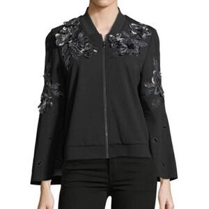 KOBI HALPERIN Black Colie Floral Appliqué Jacket Coat MEDIUM